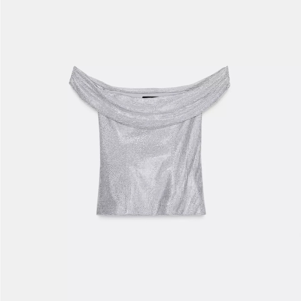 New Rhinestone draped mesh top in silver